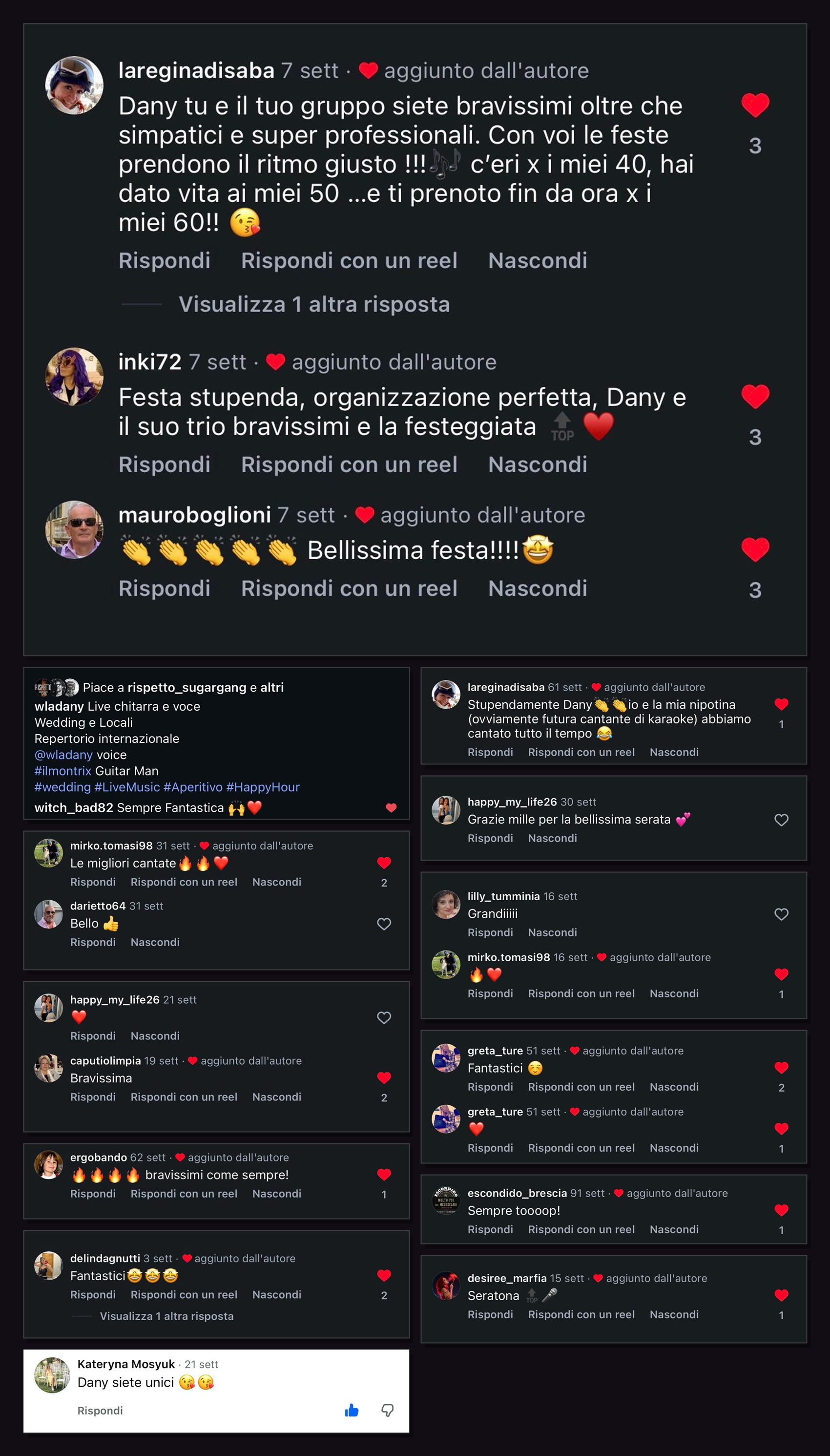 Collage di commenti reali ricevuti su Instagram e Facebook